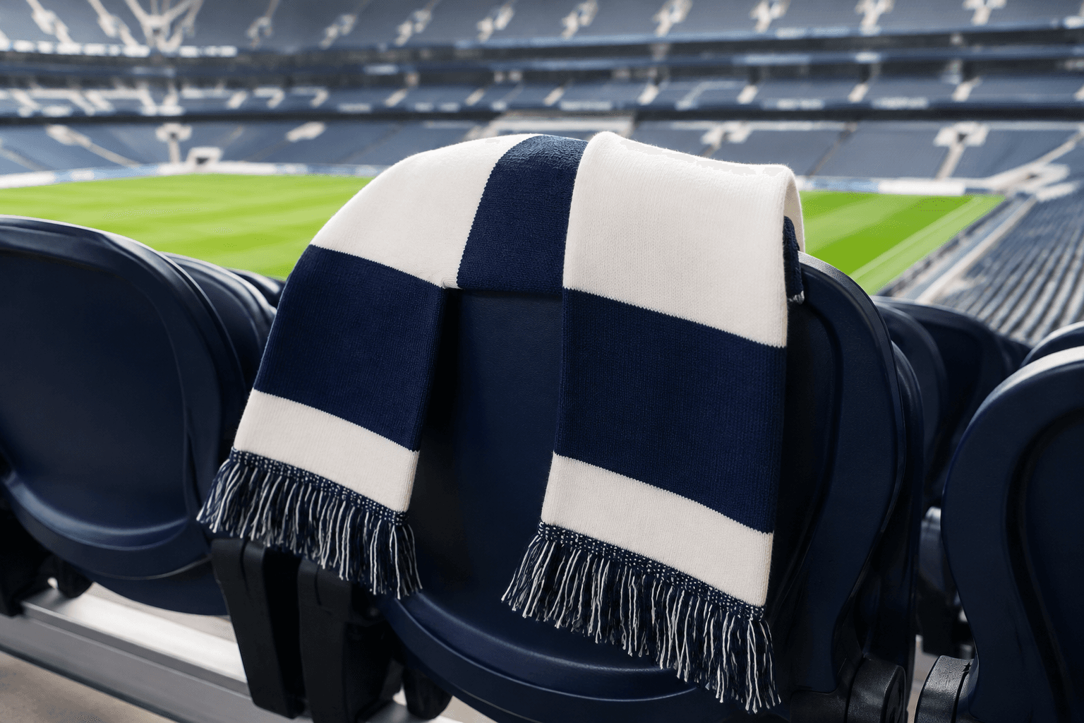 White-and-navy supporters’ scarf in a football stadium